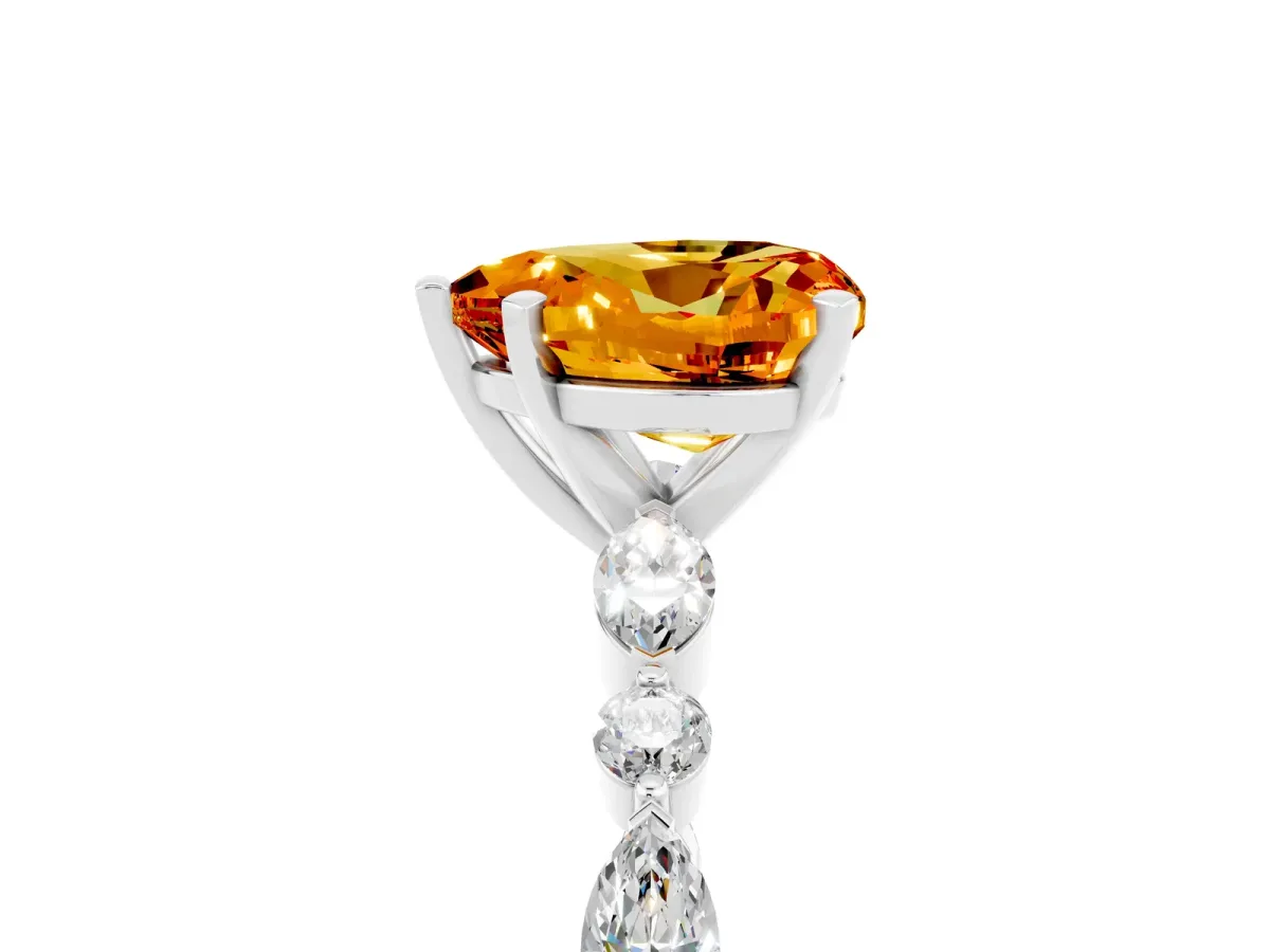 Heart Cut Citrine Ring with Marquise and Round Side Stones and Four-Prong Setting Silver