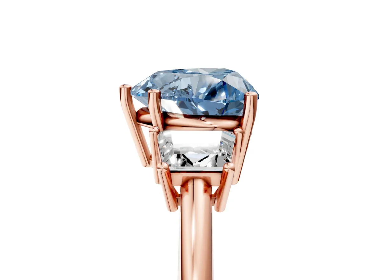 Fancy Blue Heart Cut Diamond Three-Stone Ring with Trapezoid Side Stones and Prong Setting Rose gold
