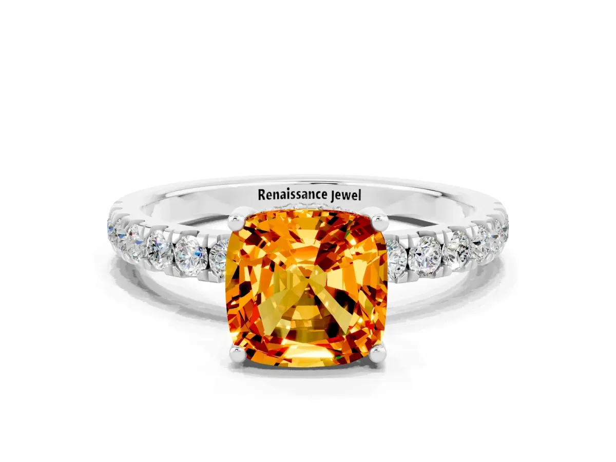 Cushion Cut Citrine Pave Band Solitaire Ring with Round and Prong Setting Platinum