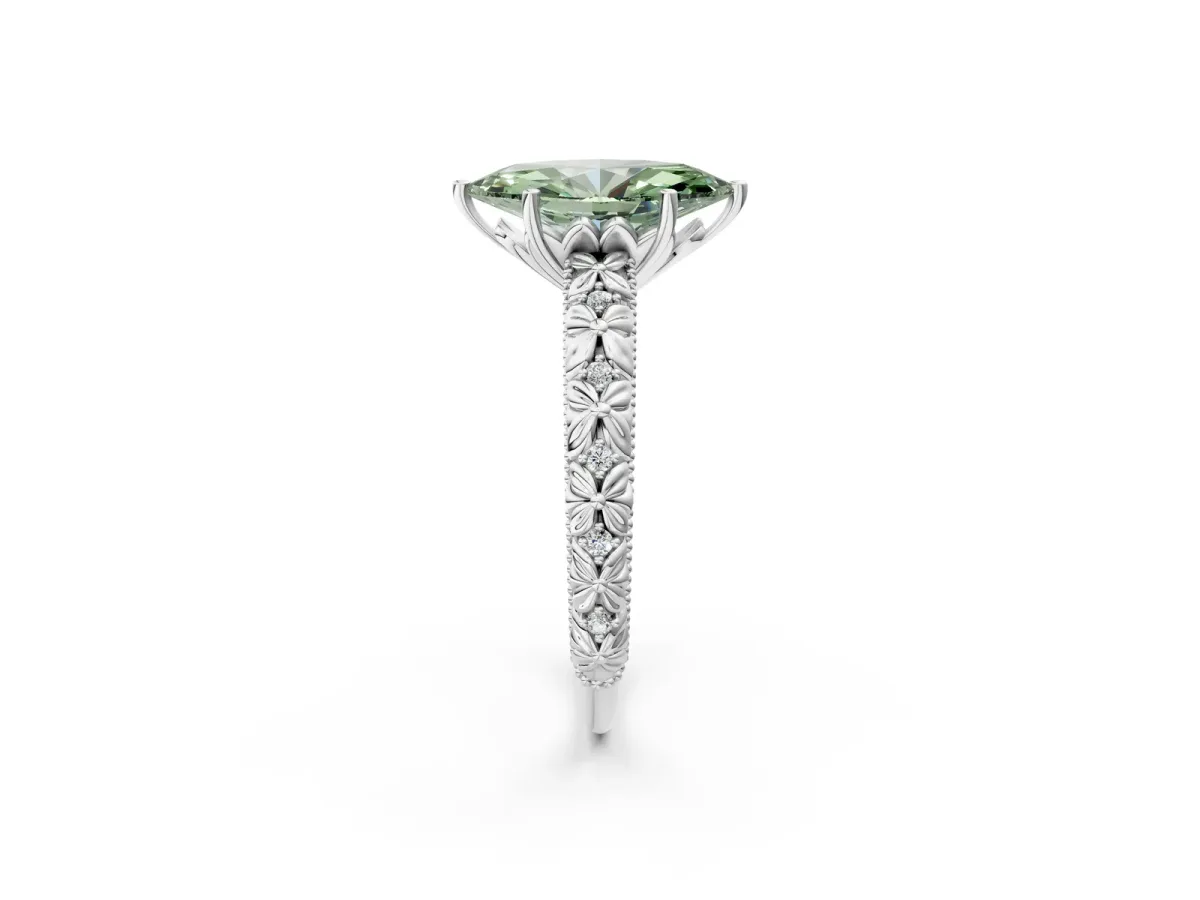 Fancy Green Marquise Cut Solitaire Floral Milgrain Engagement Ring Silver