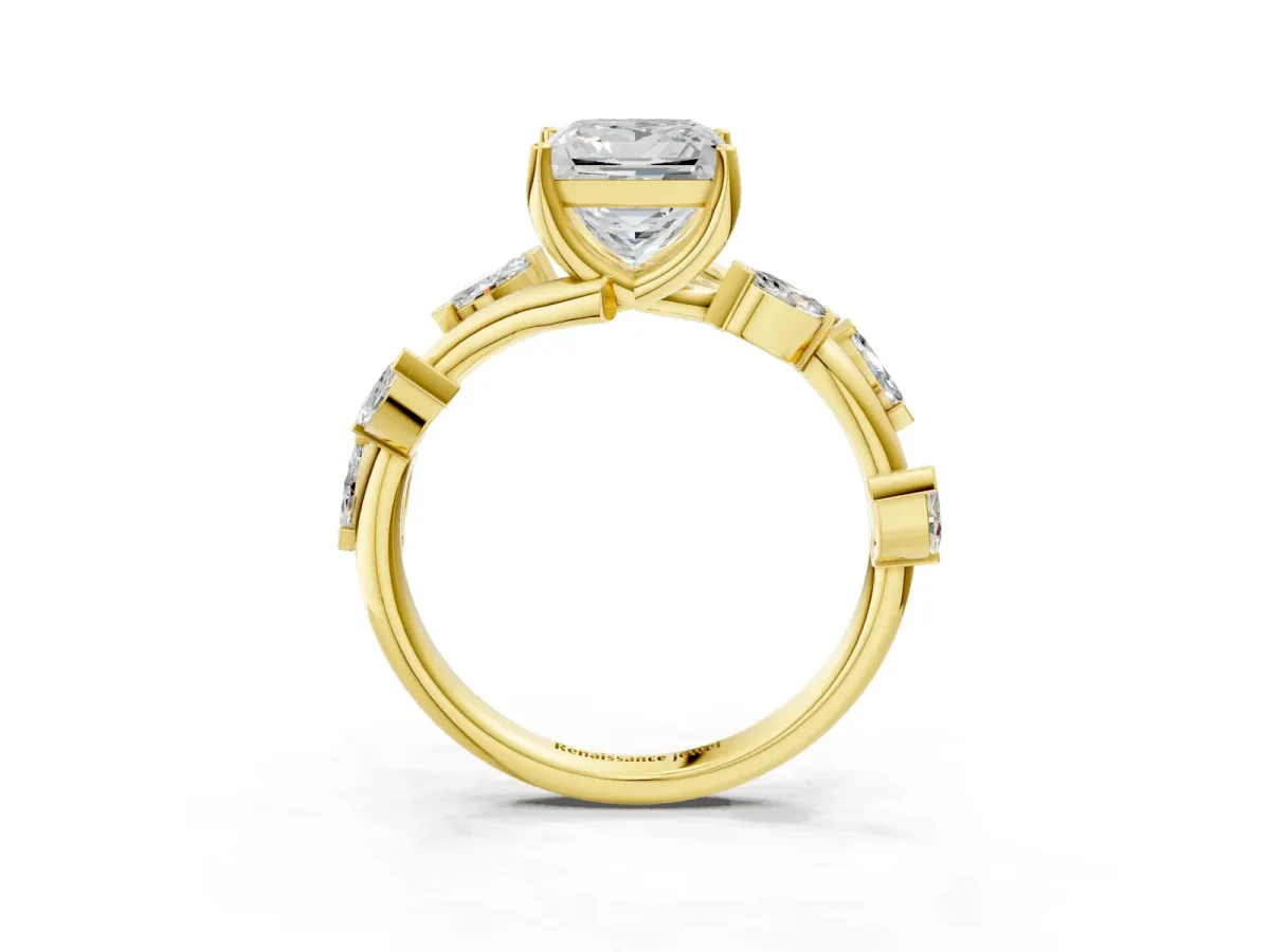 Princess Cut Solitaire Twisted Band Marquise Accent Prong Setting Ring Yellow gold
