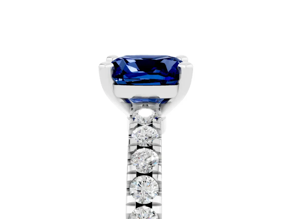 Cushion Cut Solitaire Blue Sapphire with Pavé Band and Four-Prong Setting Silver