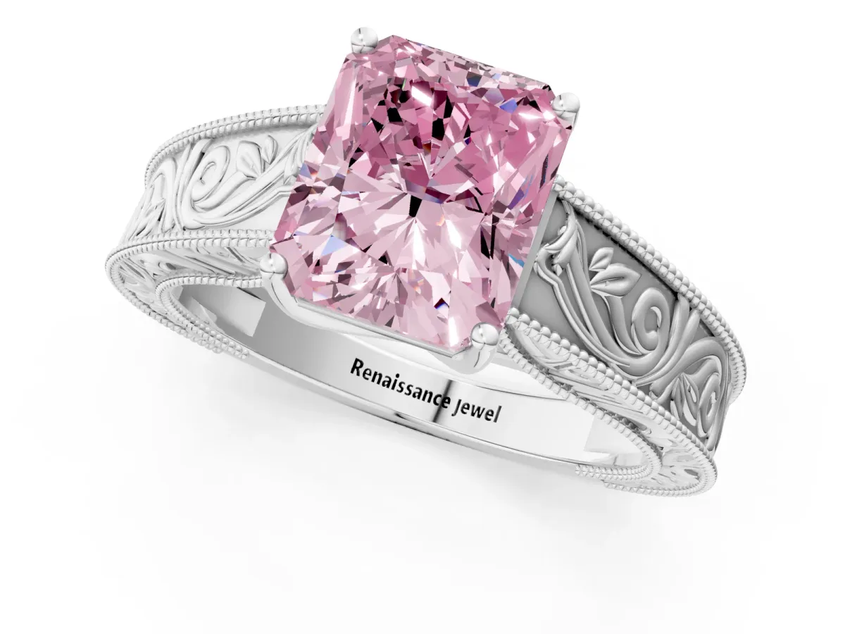 Fancy Pink Radiant Cut Diamond Solitaire Ring with Engraved Band and Four-Prong Setting Platinum
