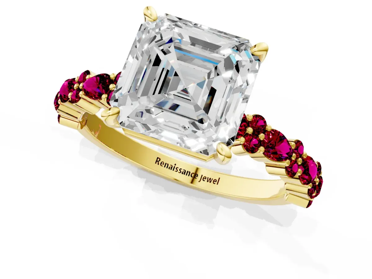 Asscher Cut Diamond Side Stone Solitaire Ring with Round Garnet and Four-Prong Setting Yellow gold
