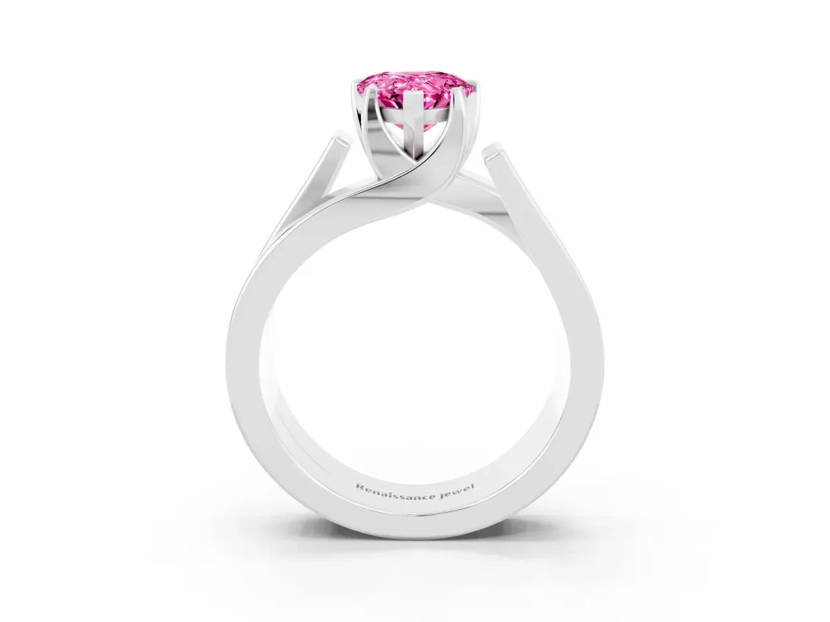 Modern Tension Set Pear Cut Pink Sapphire Solitaire Wide Band Ring Silver