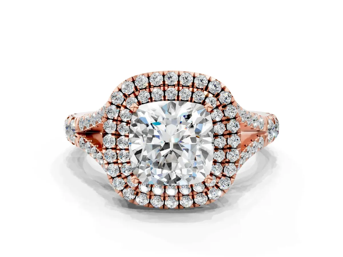 Cushion Cut Diamond Double Halo Ring with Split Shank and Prong Setting Rose gold