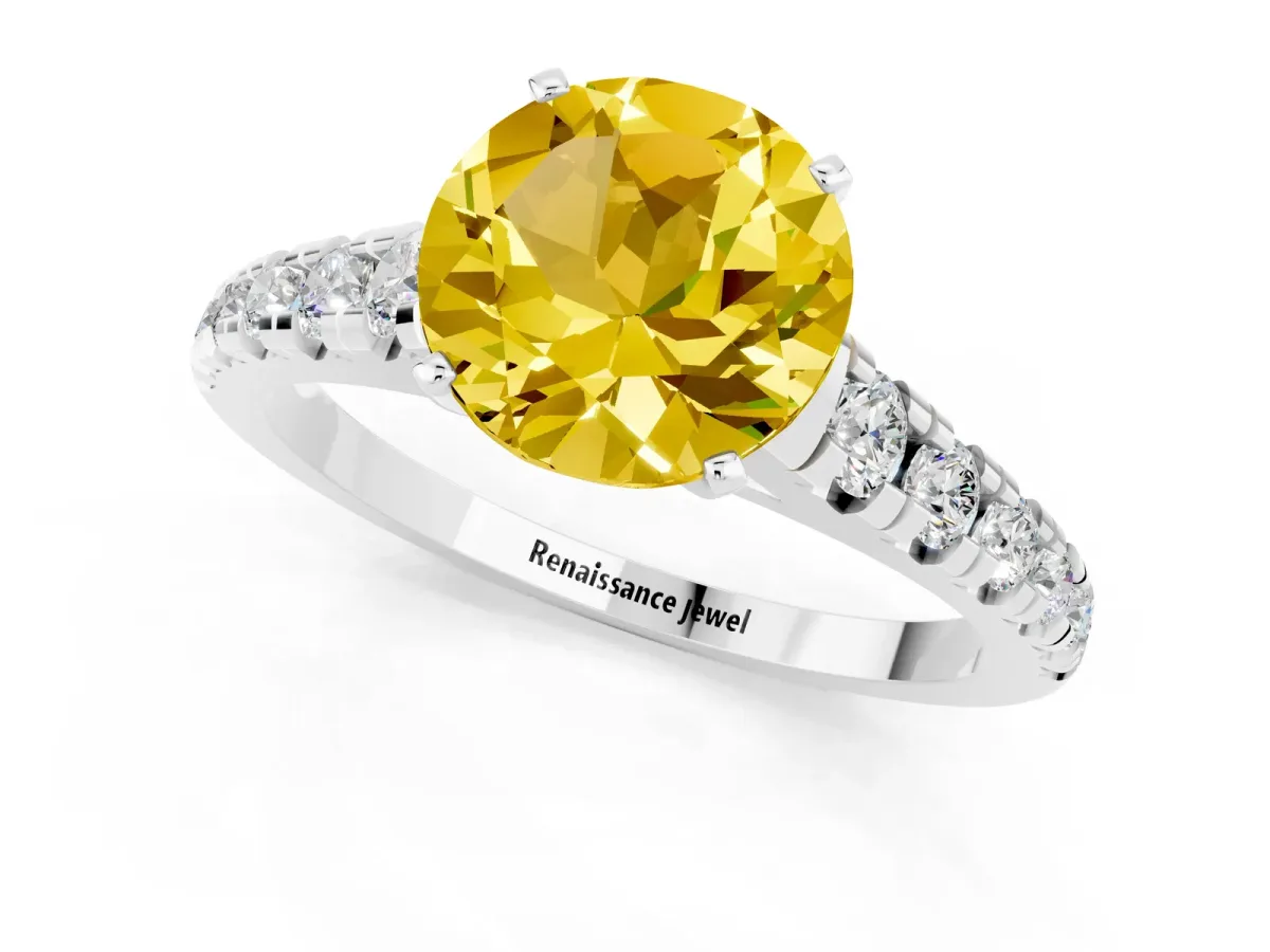 Round Cut Yellow Sapphire Cathedral Solitaire Ring with Round Pavé Band Platinum