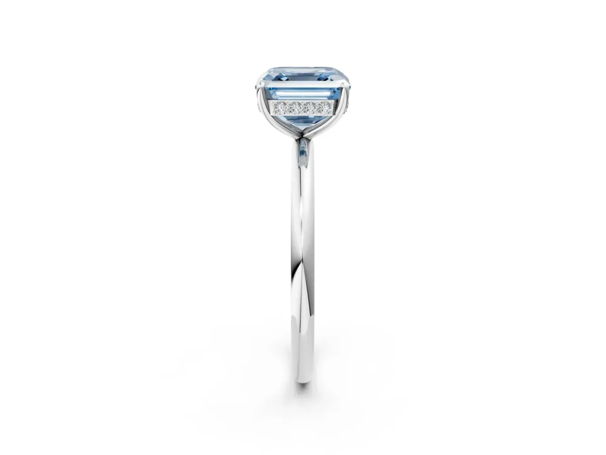 Fancy Blue Asscher Cut Solitaire Diamond Ring with a Classic Band and Four-Prong Setting Platinum