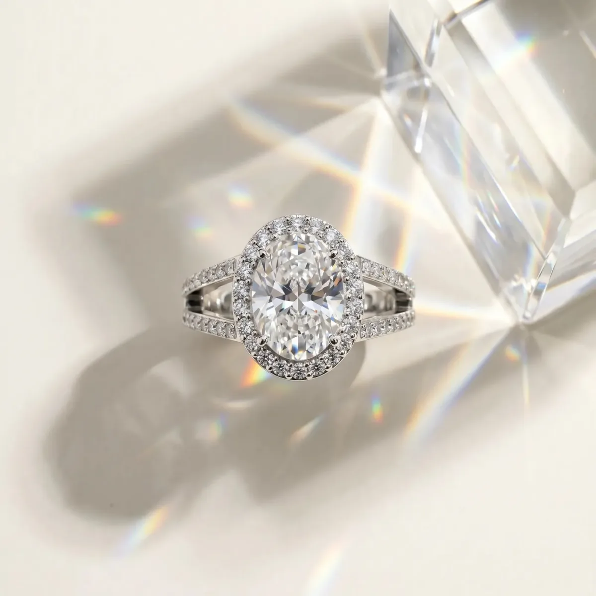 Oval Cut Diamond Halo Ring with Split Shank U-Prong Band and Four-Prong Setting Silver