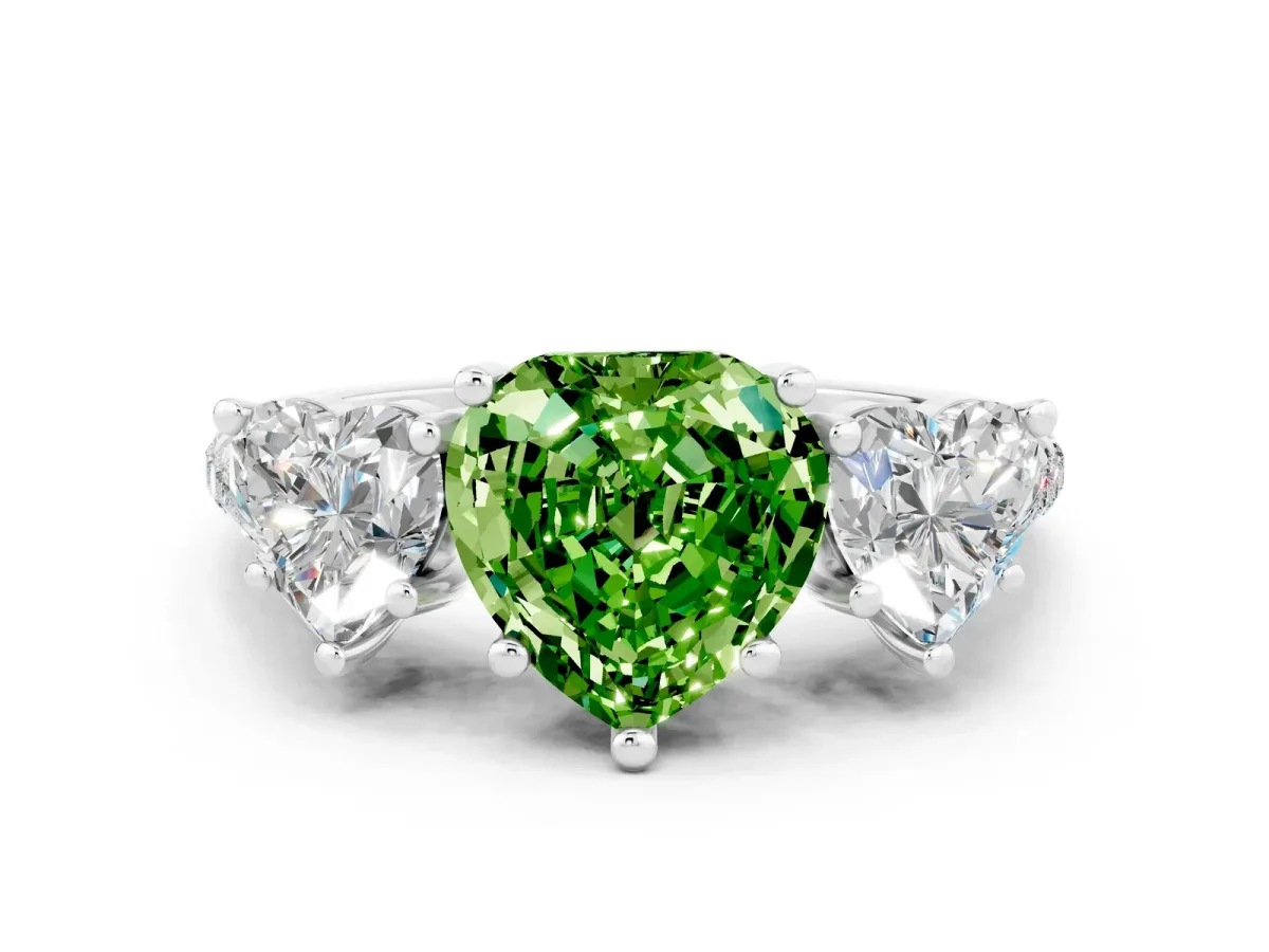 Three-Stone Heart Cut Peridot Ring with Round Pavé Band and Prong Setting Platinum