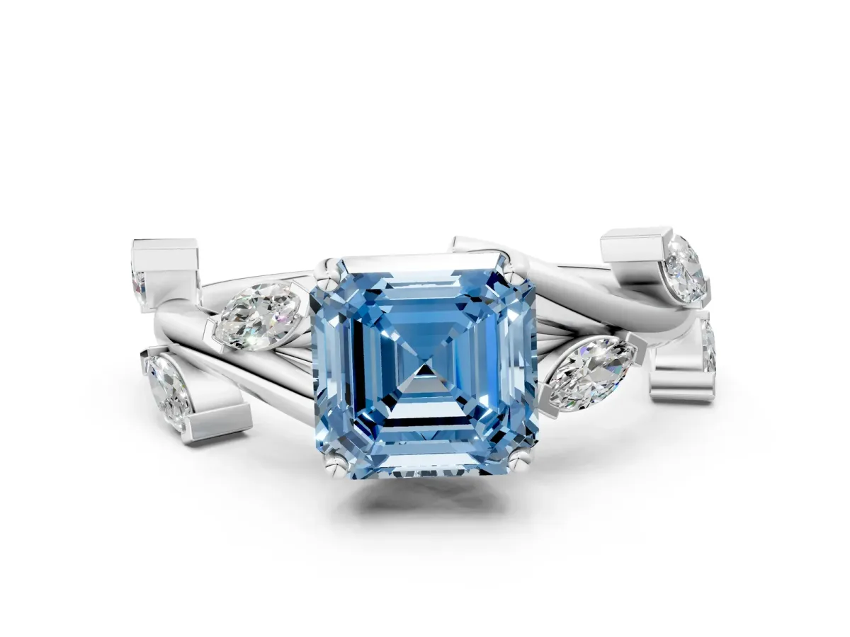 Fancy Blue Asscher Cut Solitaire Twisted Band Marquise Accent Prong Setting Ring Platinum