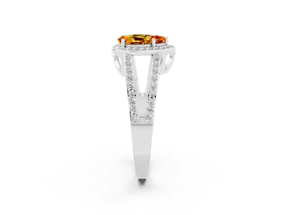 Pear Cut Citrine Halo Ring with Split Shank U-Prong Band and Four-Prong Setting Platinum