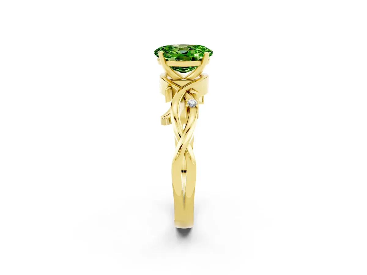Oval Cut Peridot Solitaire Ring with Twisted Band and Prong Setting Yellow gold