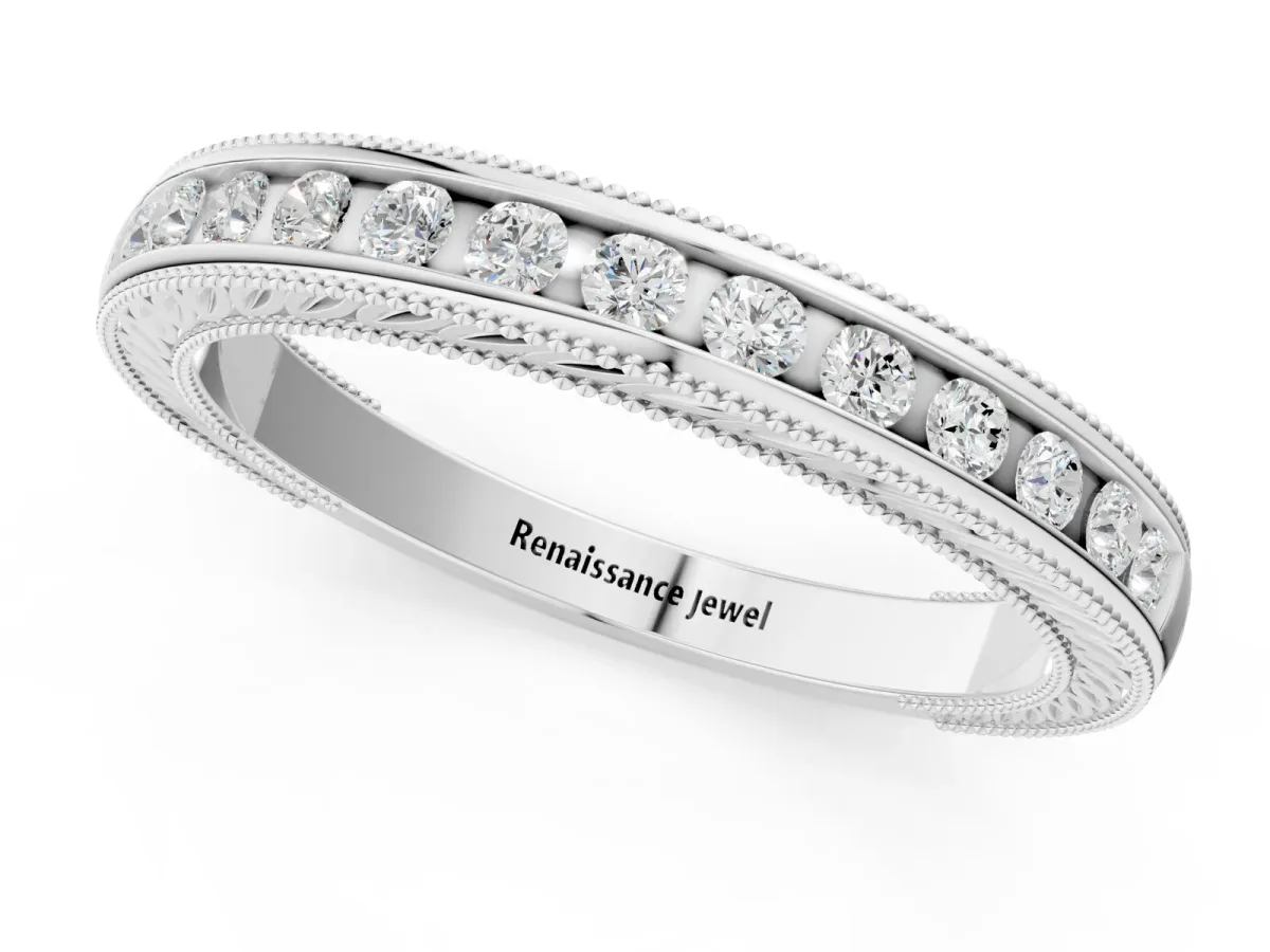 Channel Set Round Diamond Milgrain Edge Wedding Band Silver