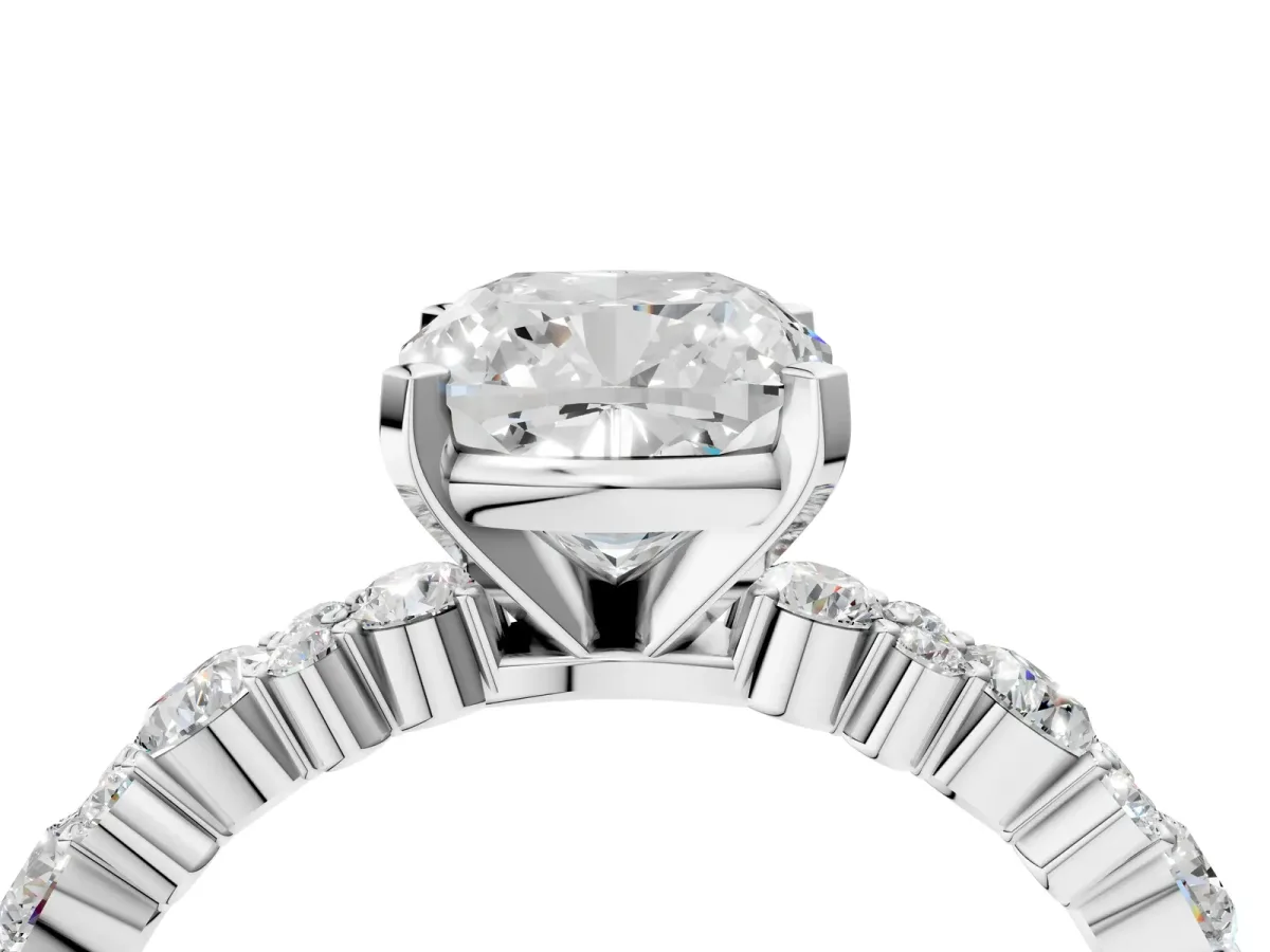 Cushion Cut Diamond Side Stone Solitaire Ring with Round Moissanite and Four-Prong Setting Platinum