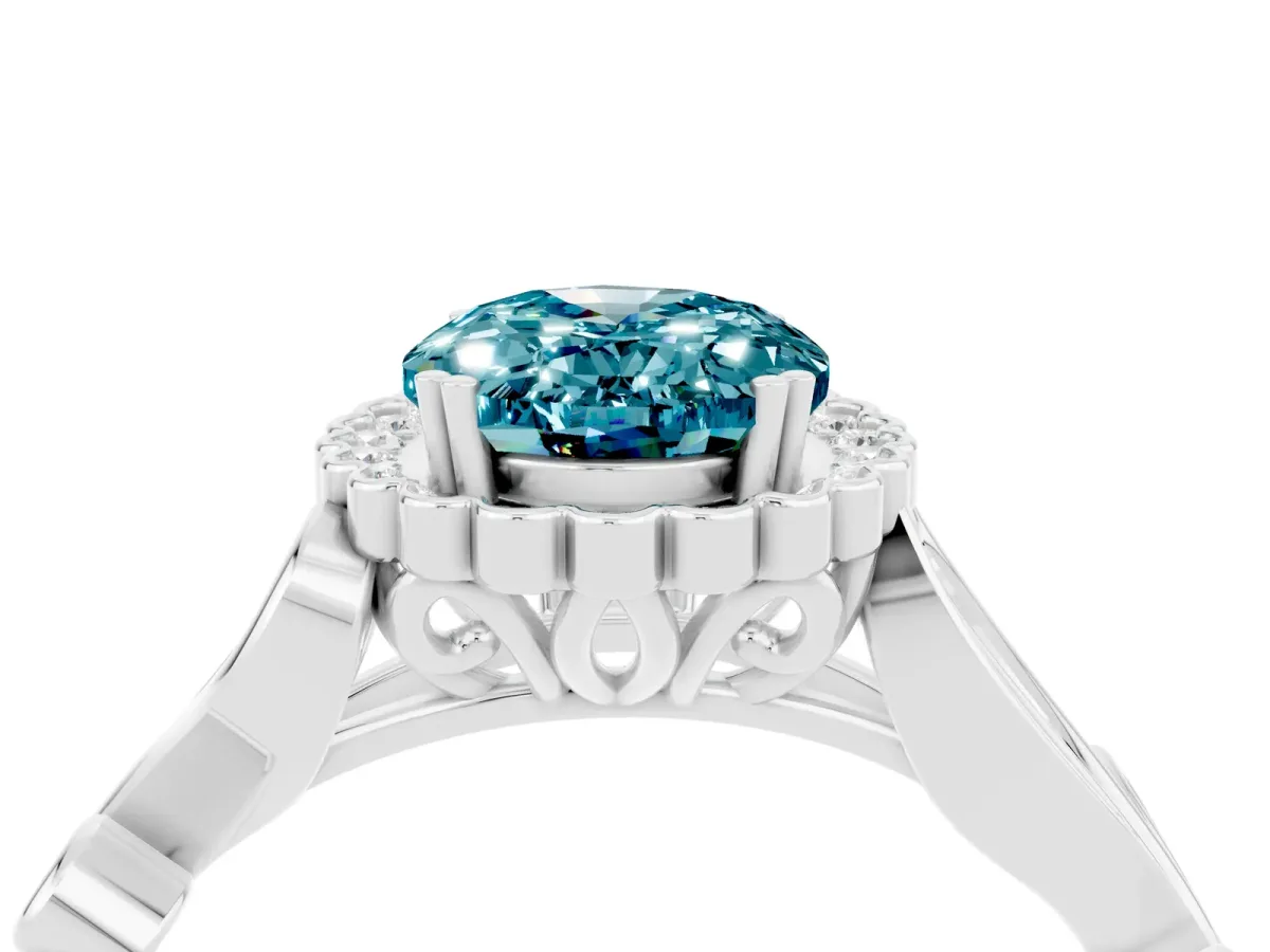 Oval Cut Blue Topaz Halo Ring with Vintage Split Shank and Four-Prong Setting Silver
