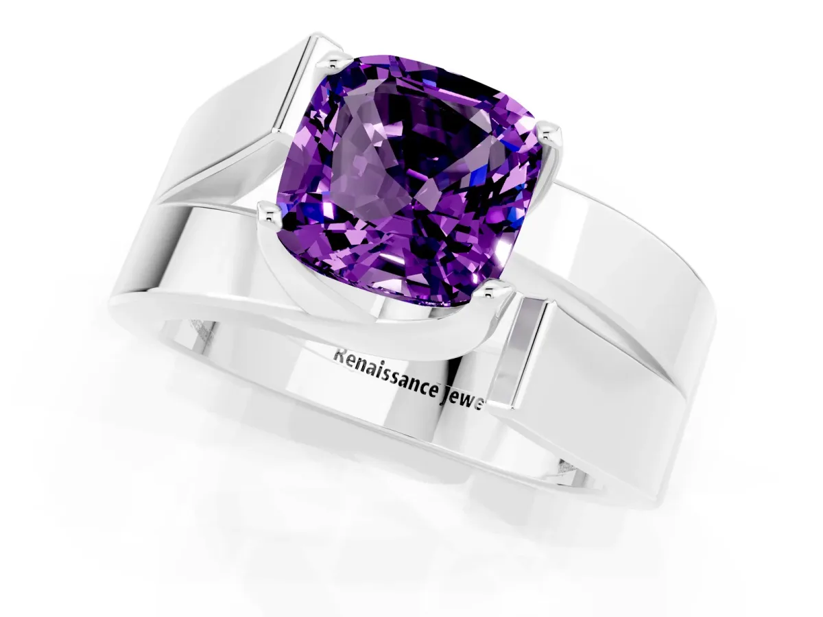 Modern Tension Set Cushion Cut Amethyst Solitaire Wide Band Ring Platinum