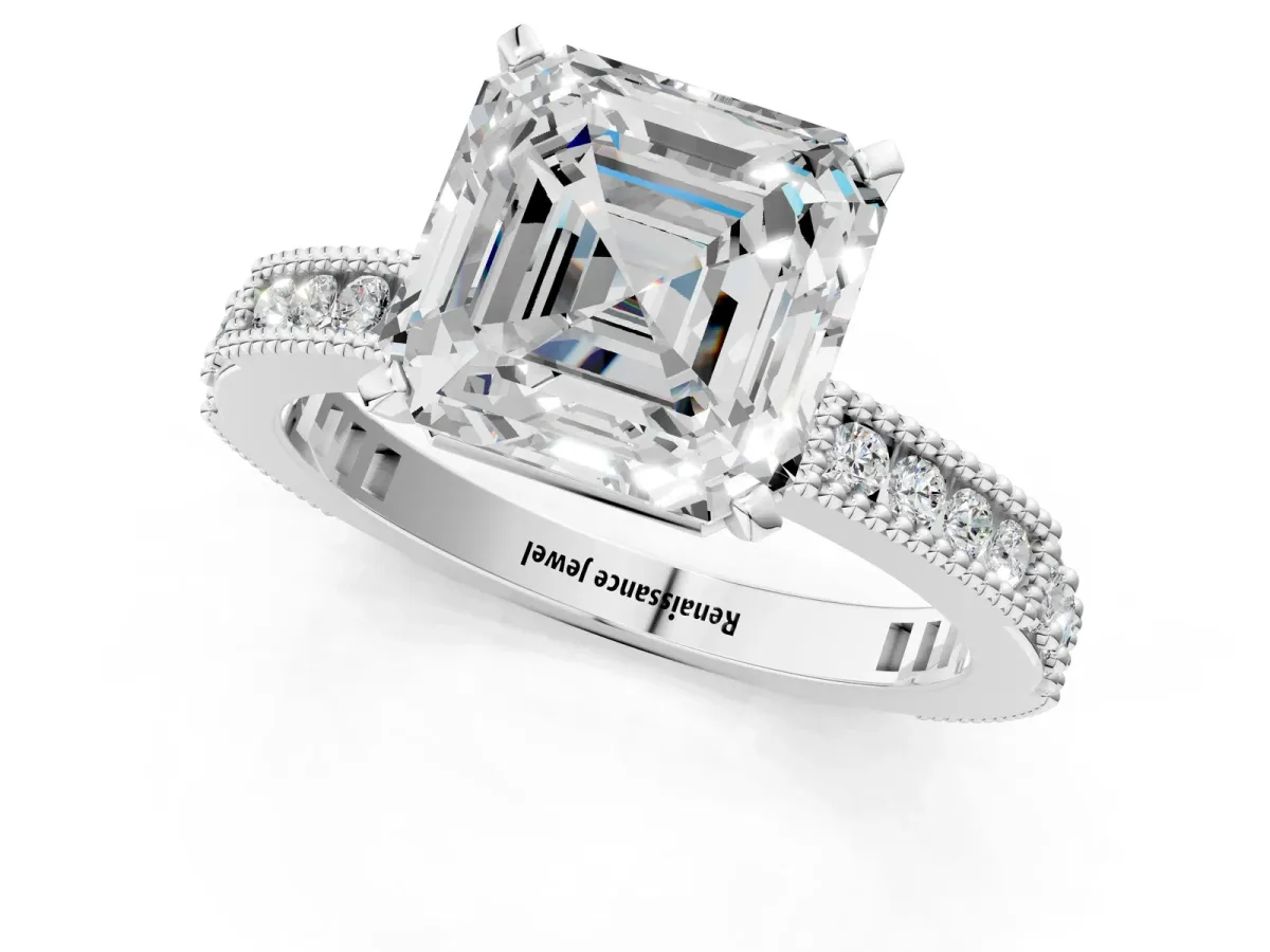 Asscher Cut Solitaire with Pavé Band and Four-Prong Setting White gold