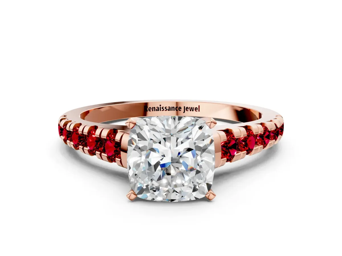 Cushion Cut Diamond Cathedral Solitaire Ring with Round Ruby Pavé Band Rose gold
