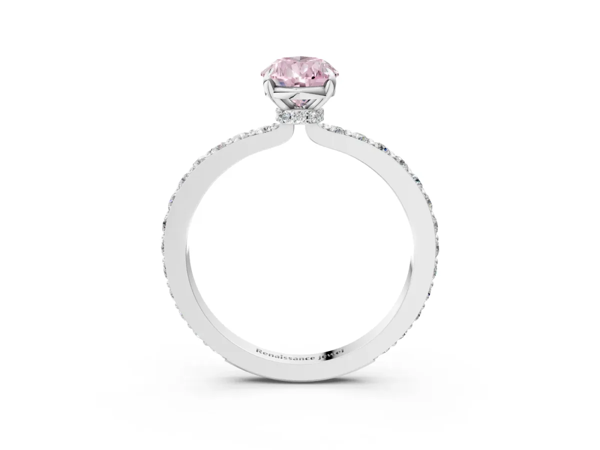 Fancy Pink Pear Cut Diamond Solitaire Engagement Ring with Pavé Band and Four-Prong Setting Silver