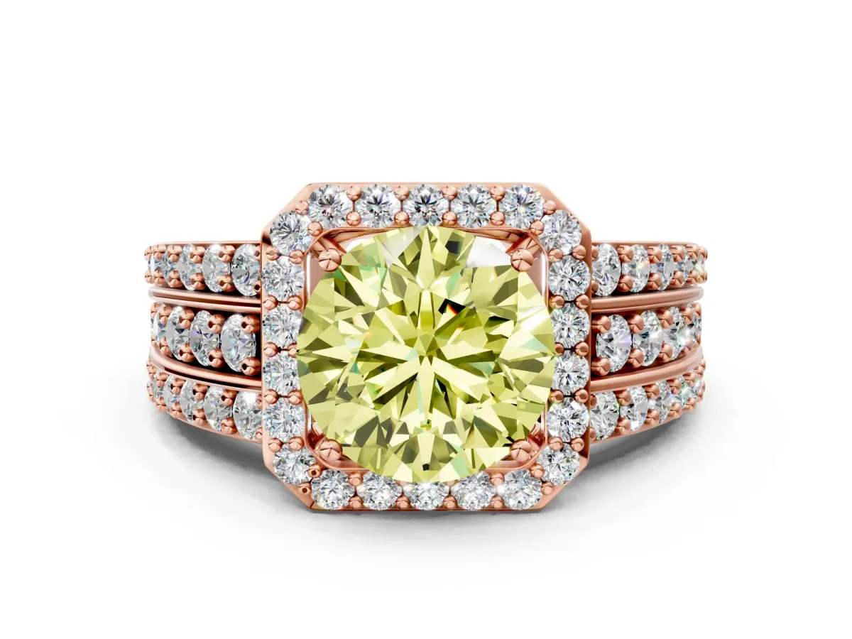 Fancy Yellow Round Cut Halo Diamond Ring with Round Split Shank and Prong Setting Rose gold