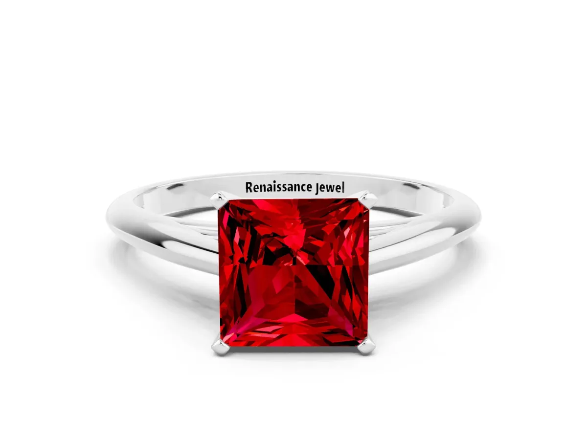 Princess Cut Ruby Solitaire Engagement Ring with Cathedral Setting and Four-Prong Mount White gold