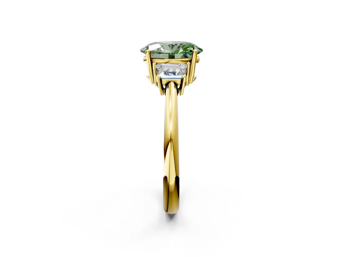 Fancy Green Oval Cut Diamond Three-Stone Ring with Trapezoid Side Stones and Prong Setting Yellow gold