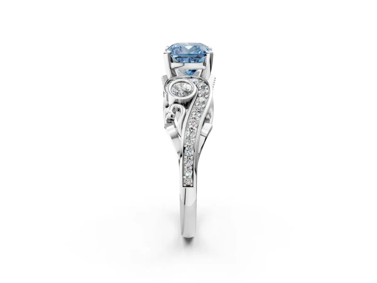 Fancy Blue Cushion Cut Diamond Solitaire Ring with Milgrain Pavé Band and Four-Prong Setting Silver