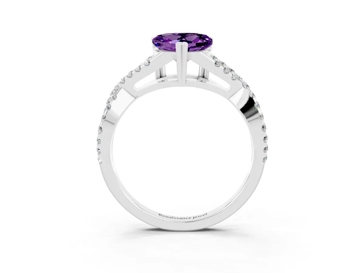 Heart Cut Amethyst Solitaire Ring with Four-Prong Setting and Twisted Pavé Band Silver