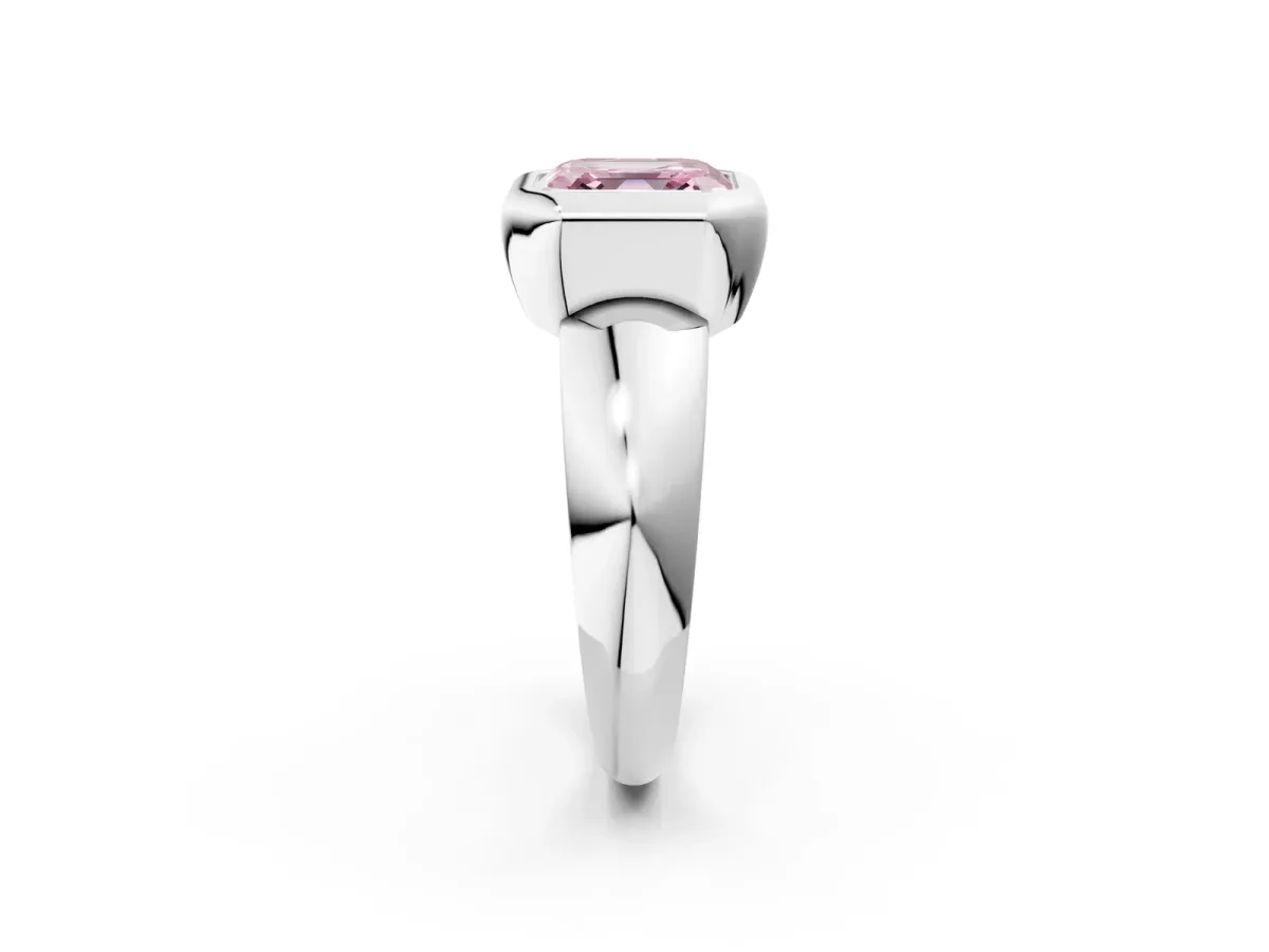 Fancy Pink Bezel Set Asscher Cut Solitaire Ring with Wide Band Platinum