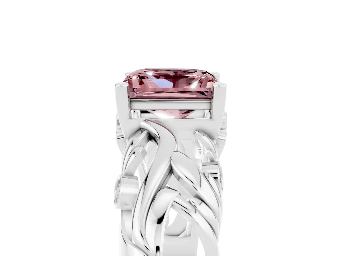 Princess Cut Solitaire Morganite Leaf-Inspired Vine Band Ring with Prong Setting White gold