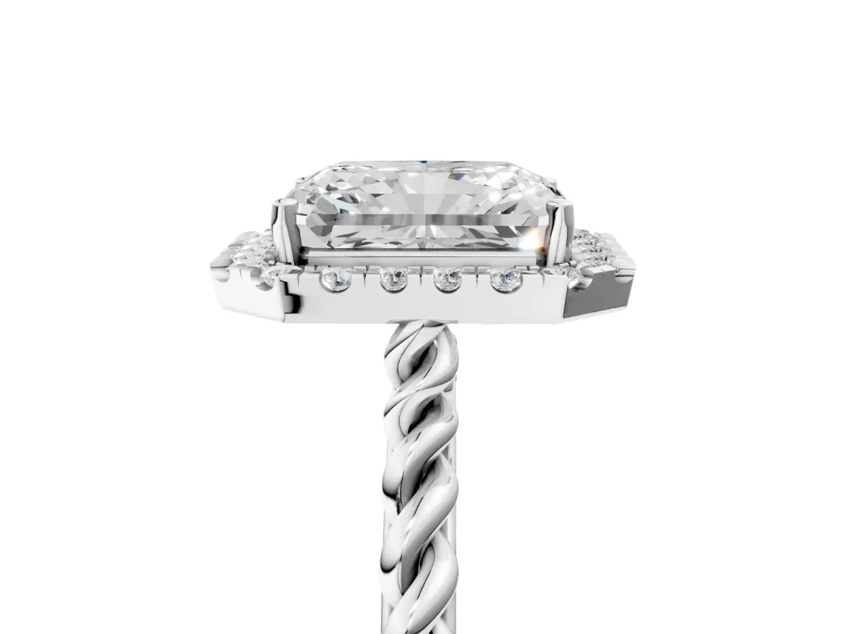 Radiant Cut Halo Twisted Band Four-Prong Diamond Ring Platinum