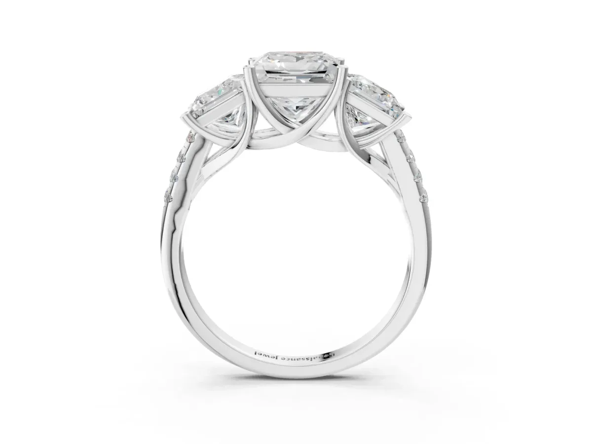 Three-Stone Princess Cut Diamond Ring with Round Moissanite Pavé Band and Prong Setting Silver