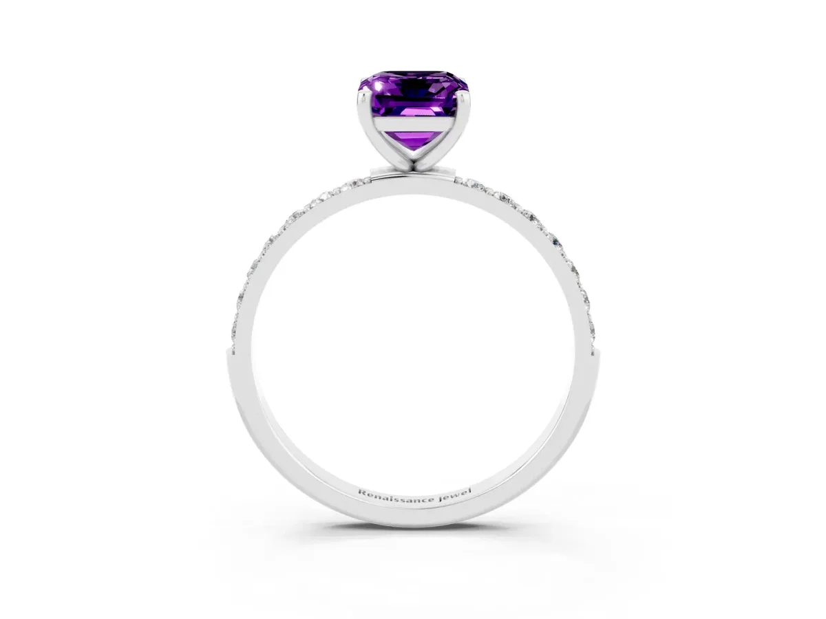 Emerald Cut Amethyst Solitaire Ring with Round Pavé Band and Prong Setting White gold