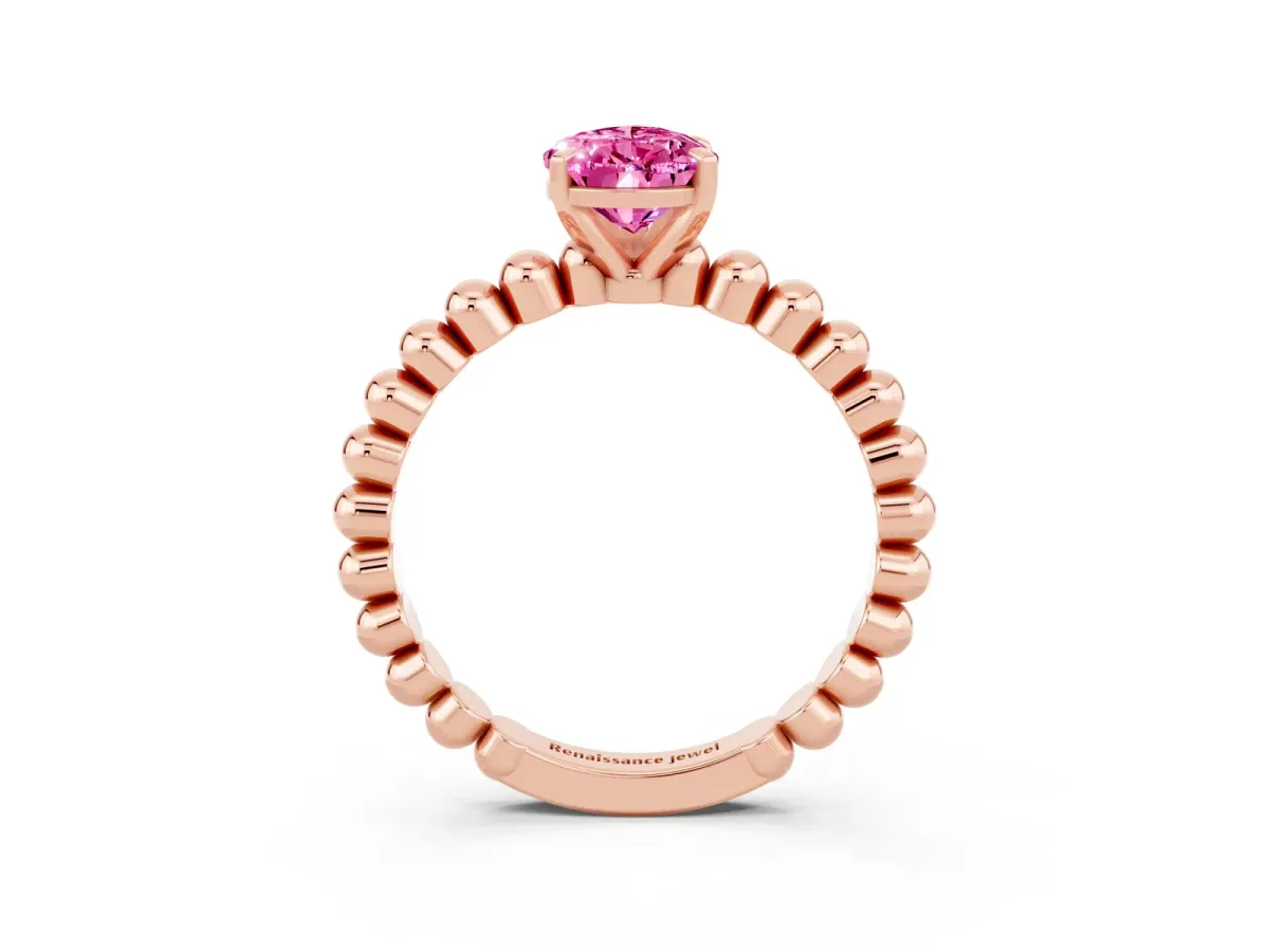 Pear Cut Pink Sapphire Solitaire Ring with Beaded Band and Prong Setting Rose gold