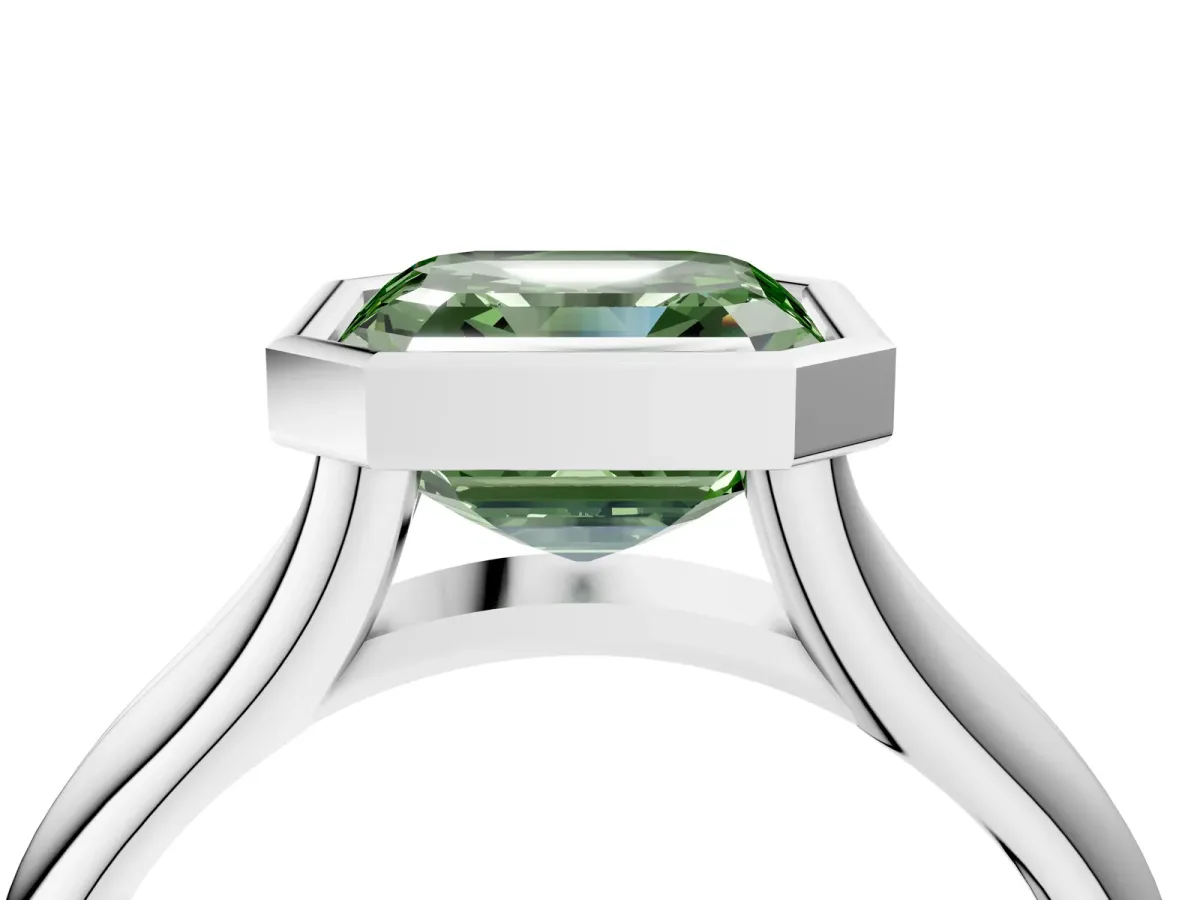 Fancy Green Bezel Set Asscher Cut Solitaire Diamond Ring with Smooth Band Platinum