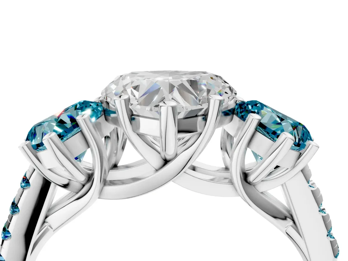 Three-Stone Heart Cut Diamond Ring with Round Blue Topaz Pavé Band and Prong Setting Silver