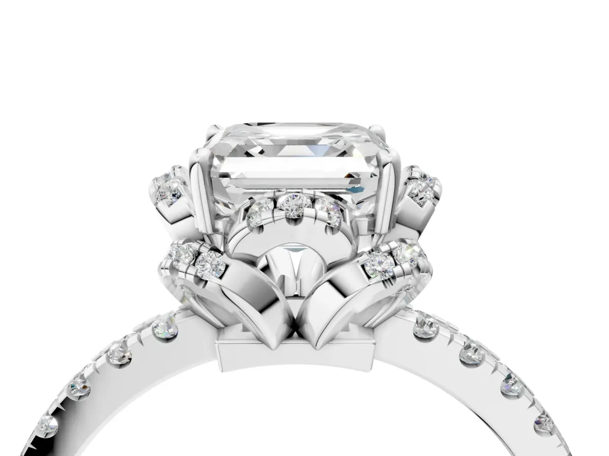 Asscher Cut Halo Diamond Pave Band Ring with Four-Prong Setting Platinum