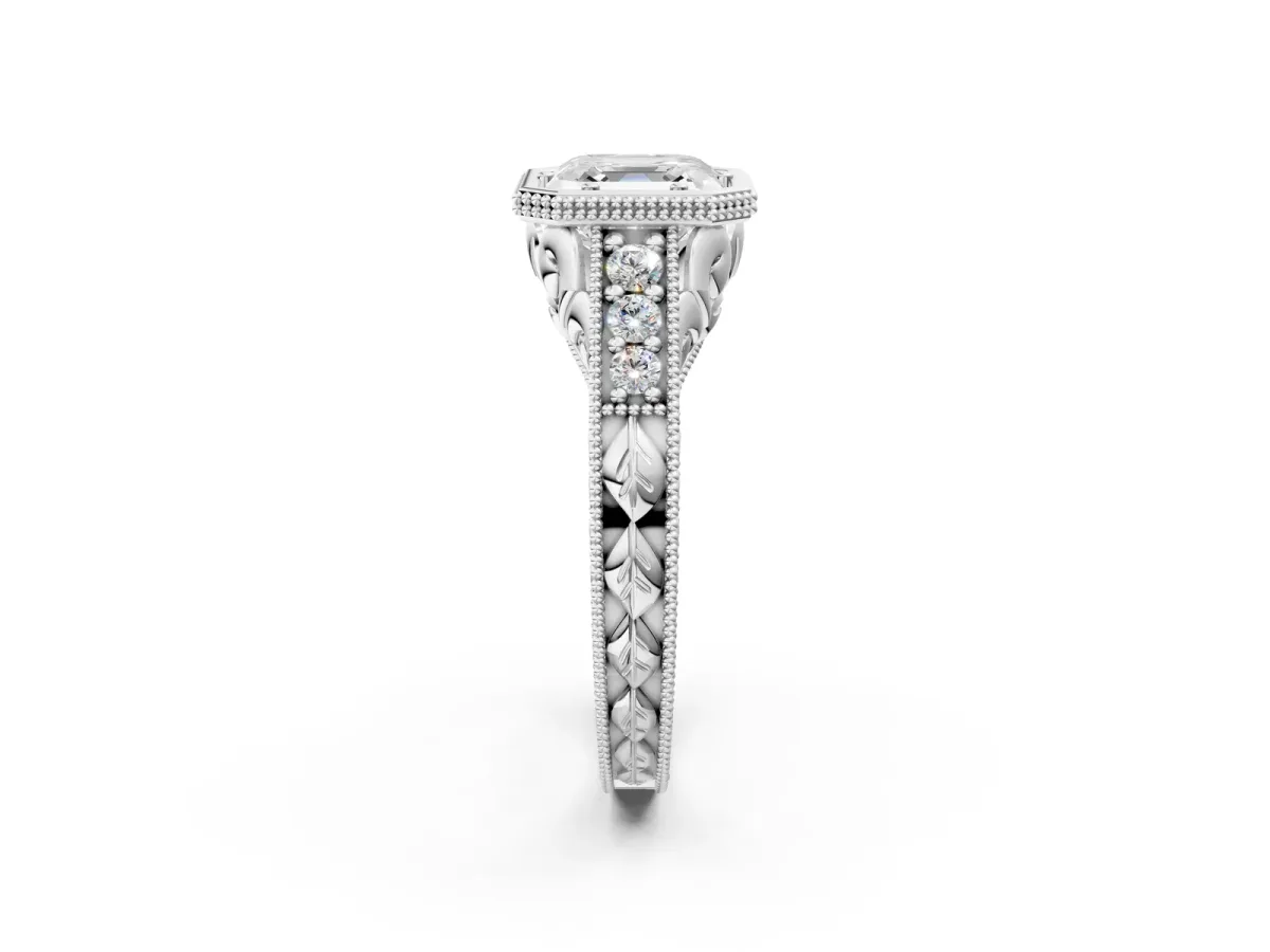 Bezel Set Asscher Cut Diamond Milgrain Pave Engagement Ring Platinum