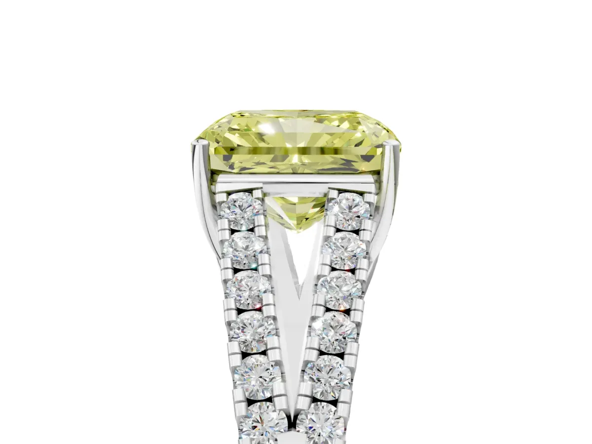 Fancy Yellow Radiant Cut Diamond Split Shank Pavé Engagement Ring with Four-Prong Setting White gold