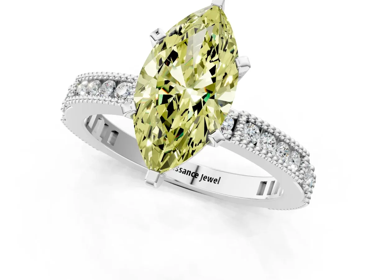 Fancy Yellow Marquise Cut Solitaire with Pavé Band and Four-Prong Setting Silver
