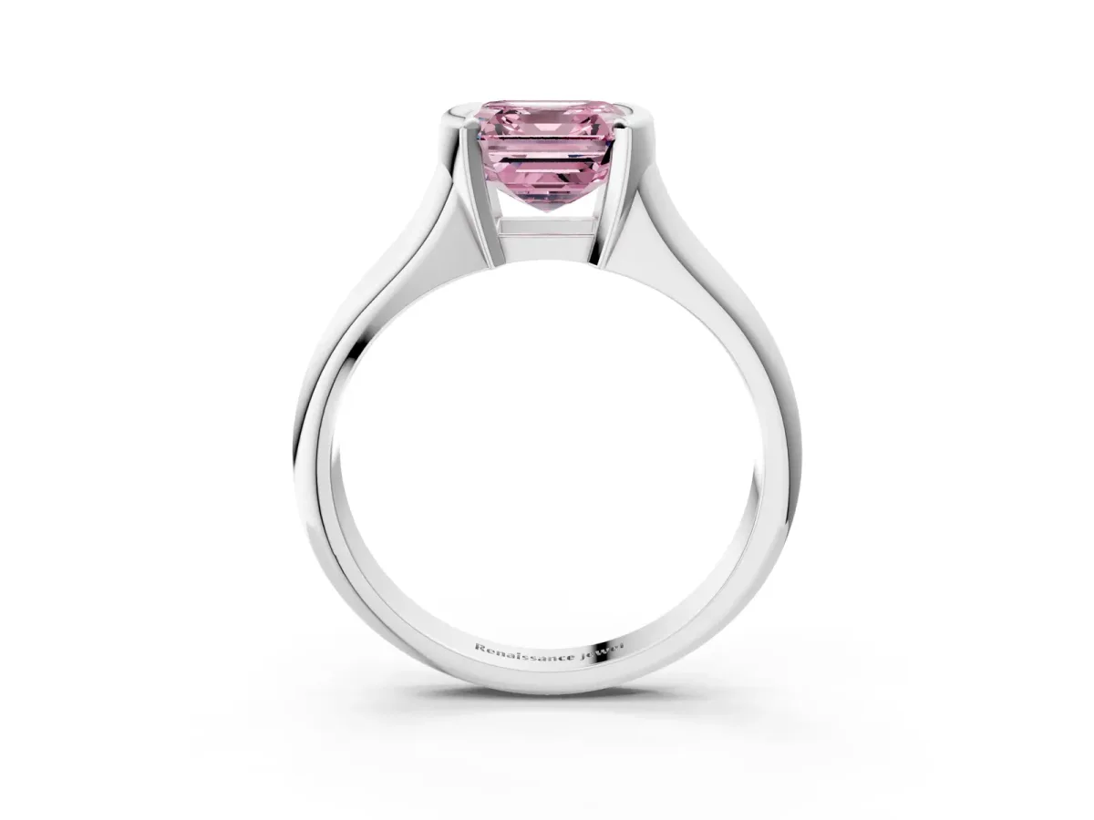 Fancy Pink Asscher Cut Solitaire Tension Set Diamond Ring with Split Shank Band Platinum