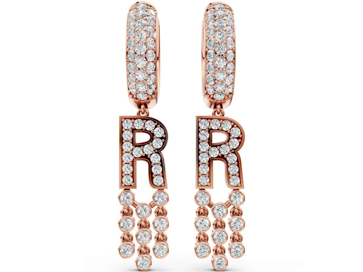 Round Diamond Initial R Huggie Hoop Earrings Rose gold