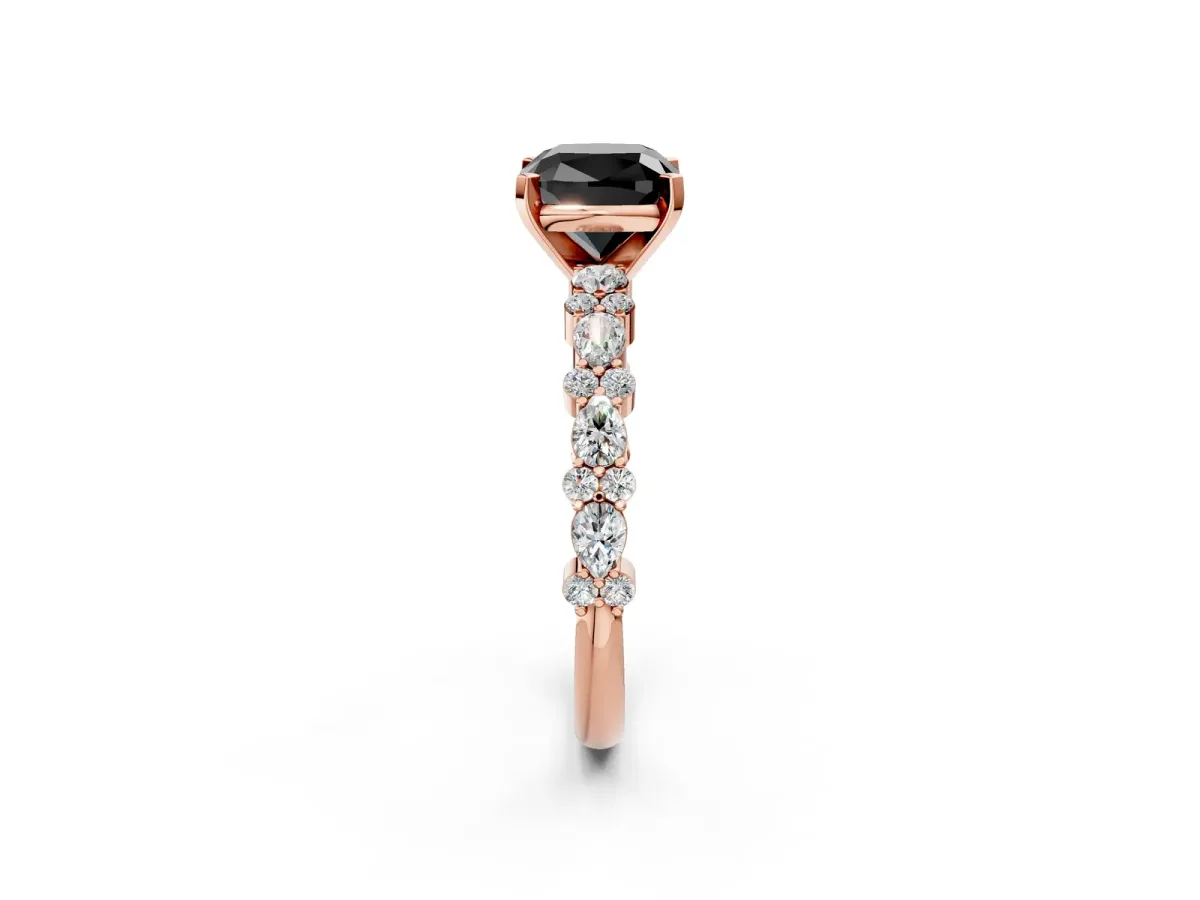 Fancy Black Cushion Cut Diamond Side Stone Solitaire Ring with Round and Four-Prong Setting Rose gold