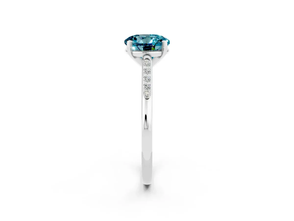 Round Cut Blue Topaz Solitaire Ring with Channel Set Round Band and Prong Setting Silver