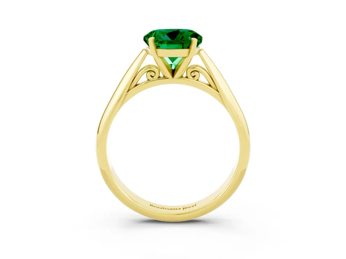 Round Cut Emerald Solitaire Engagement Ring with Cathedral Setting and Four-Prong Mount Yellow gold