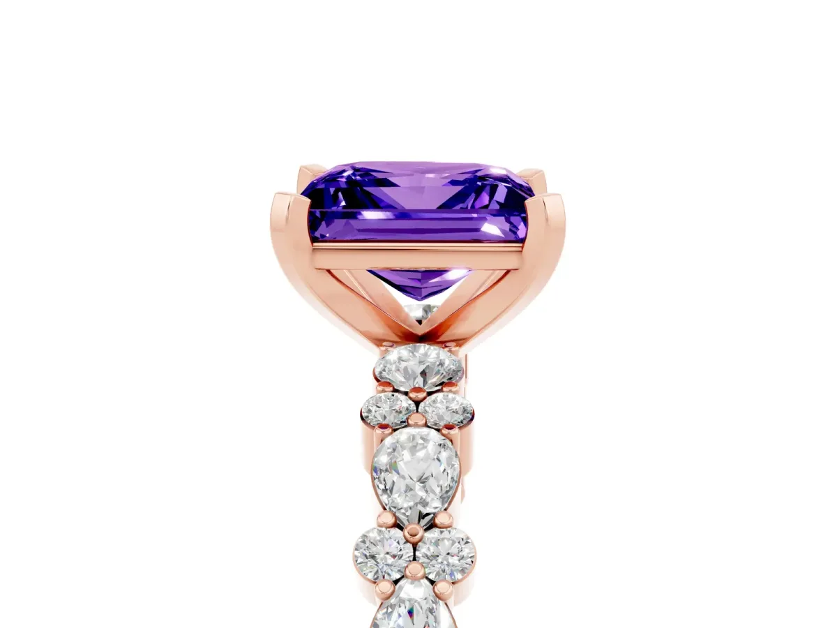 Princess Cut Tanzanite Side Stone Solitaire Ring with Round and Four-Prong Setting Rose gold