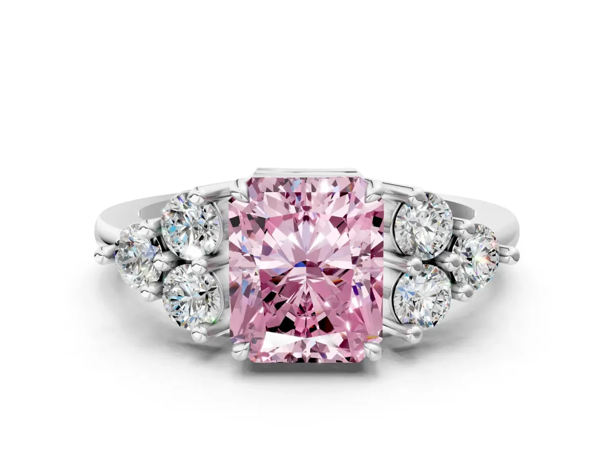 Fancy Pink Radiant Cut Brilliant Diamond Cluster Accent Solitaire Ring with Prong Setting Platinum