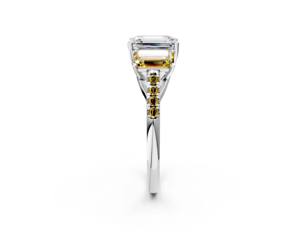 Three-Stone Emerald Cut Diamond Ring with Round Yellow Sapphire Pavé Band and Prong Setting Silver