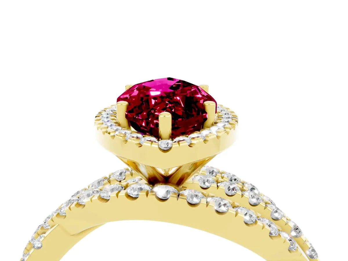 Marquise Cut Garnet Halo Ring with Round Split Shank and Prong Setting Yellow gold